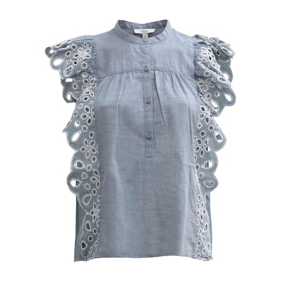 JOIE Tops - Joie Chambray Eyelet Blue Flutter Sleeve Blouse Peasant Coastal Preppy Boho M